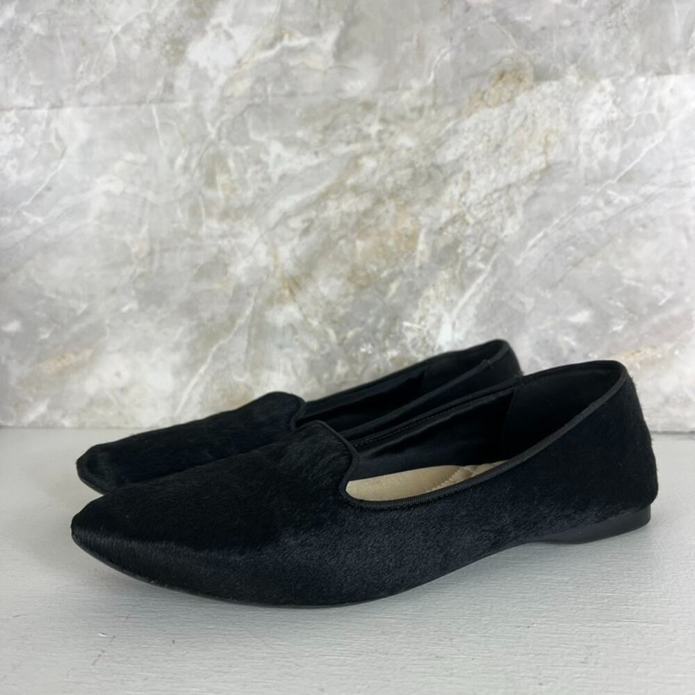 Birdies Blackbird Flats Womens 7 Black Calf Hair Smoking Slippers Comfort Luxe